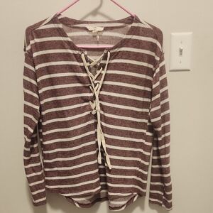 entro Mauve and White Striped Lace-Up Long Sleeve Top